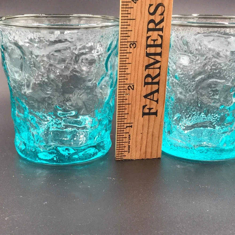 Pair of Anchor Hocking Milano Aqua Blue Glass Flat‎ Tumblers Bark Texture 8 oz